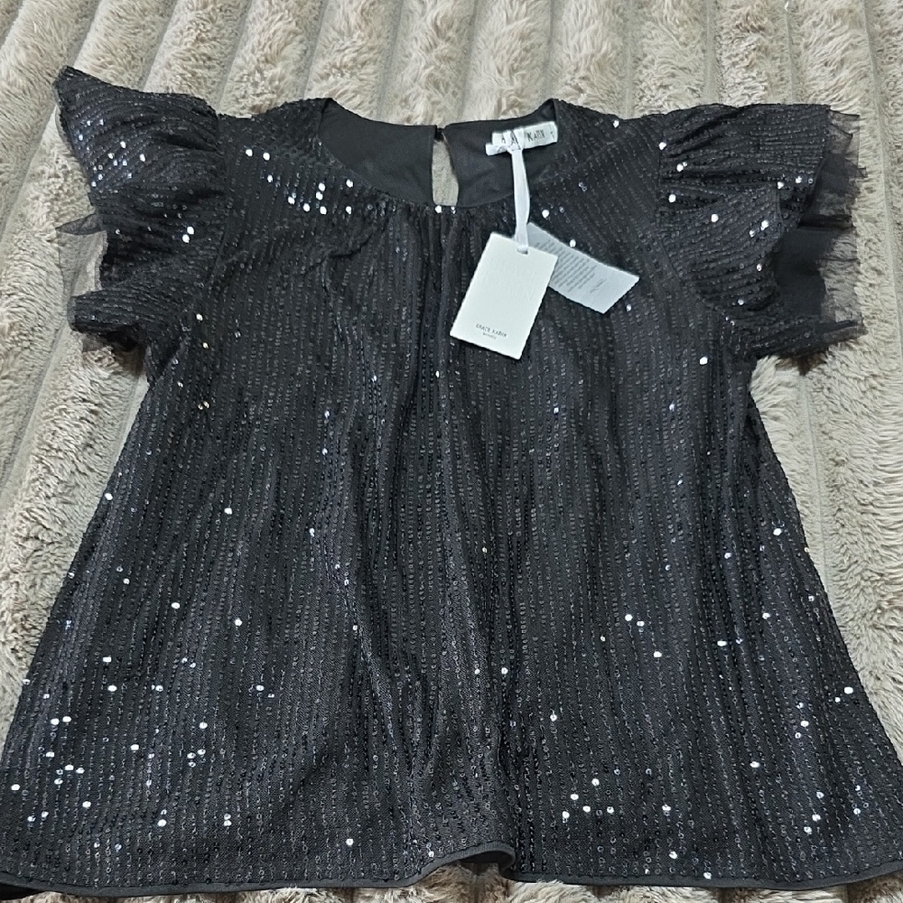 Black Sequin Short Sleeve Top Size L - Picture 3 of 12